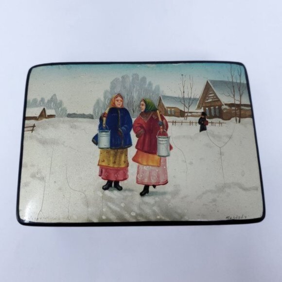 Fedoskino Russian Vintage Lacquer Paper Mache Trinket Box Signed Handmade - Picture 2 of 8